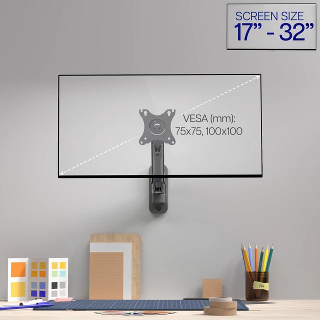 Alt view image 2 of 7 - VIVO Black Single Monitor Wall Mount, Fits 17-32 in Screens, MOUNT-V001A | Height Adjustable, Powerful Pneumatic Lift, Full Motion Articulating Arm, Holds 19.8 lbs