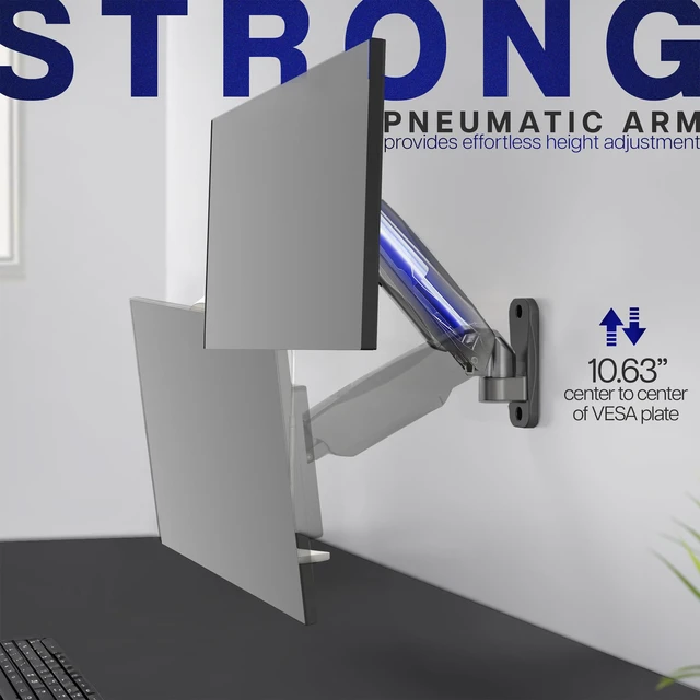Alt view image 3 of 7 - VIVO Black Single Monitor Wall Mount, Fits 17-32 in Screens, MOUNT-V001A | Height Adjustable, Powerful Pneumatic Lift, Full Motion Articulating Arm, Holds 19.8 lbs