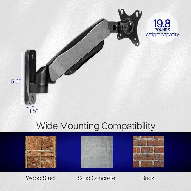 Alt view image 6 of 7 - VIVO Black Single Monitor Wall Mount, Fits 17-32 in Screens, MOUNT-V001A | Height Adjustable, Powerful Pneumatic Lift, Full Motion Articulating Arm, Holds 19.8 lbs