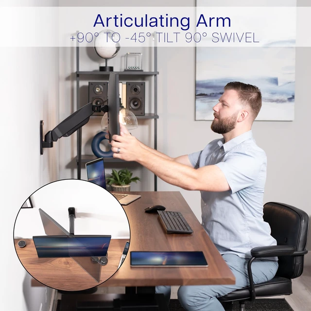 Alt view image 7 of 7 - VIVO Black Single Monitor Wall Mount, Fits 17-32 in Screens, MOUNT-V001A | Height Adjustable, Powerful Pneumatic Lift, Full Motion Articulating Arm, Holds 19.8 lbs