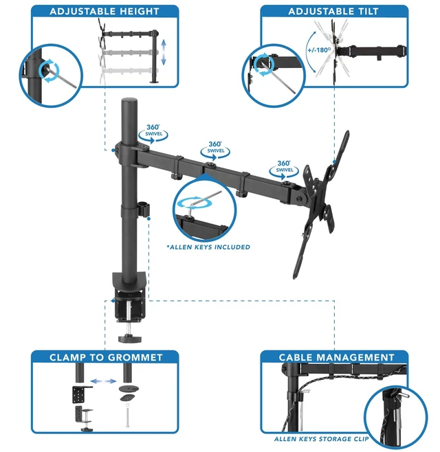 Alt view image 5 of 7 - Mount-It! Large Monitor Desk Mount, VESA 200, up to 42" | Full motion arm with clamp and grommet base fits large and ultrawide monitors.
