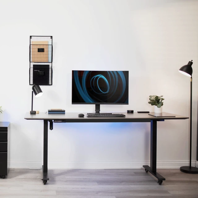 Alt view image 2 of 7 - Mechanical Free Standing Single Monitor Mount Desk Stand, Tall Height Adjustable Arm for Screens up to 32 inches, Black, STAND-V001V