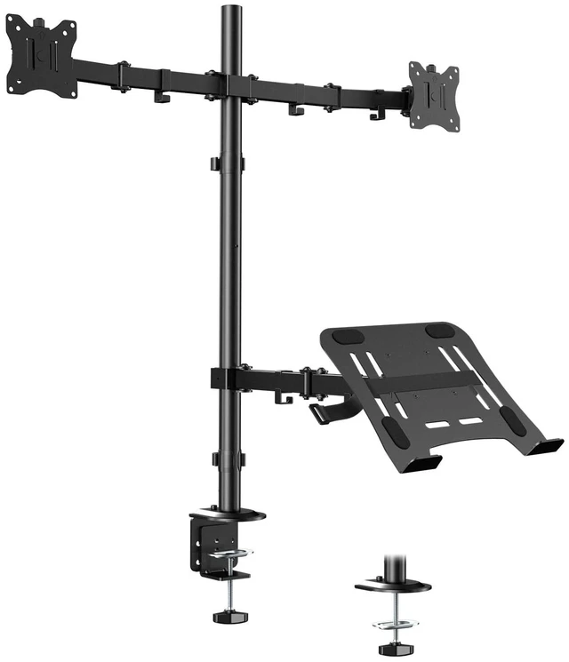 Main image of Dual Monitor and Laptop Desk Mount fits 17-32 Inch, Full Motion | Premium Matel, Extra Long Pole, 19.8 lbs Per Arm, Adjustable Stand, C-Clamp & Grommet, VESA 75/100 mm, Black