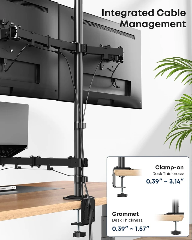 Alt view image 6 of 6 - Dual Monitor and Laptop Desk Mount fits 17-32 Inch, Full Motion | Premium Matel, Extra Long Pole, 19.8 lbs Per Arm, Adjustable Stand, C-Clamp & Grommet, VESA 75/100 mm, Black