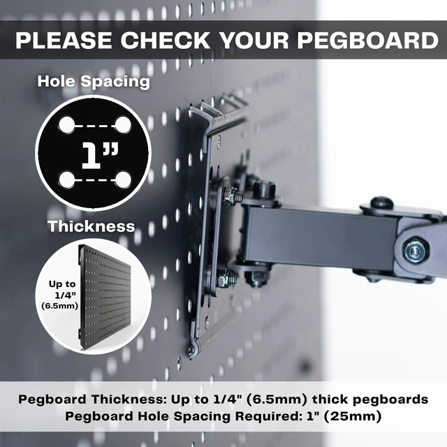 Alt view image 4 of 7 - VIVO Black Single Monitor Pegboard Mount, Up to 32 in Screens, MOUNT-PB2A | Extension Arm, Articulating Bracket, Solid Steel, Fits Peg Boards up to 0.25 in Thick with 1 in Hole Spacing, Holds 17.6 lbs