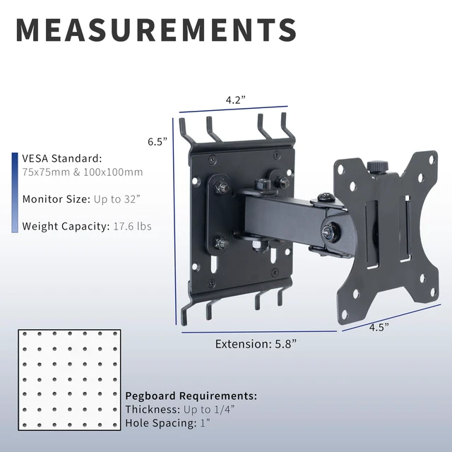 Alt view image 3 of 7 - VIVO Black Single Monitor Pegboard Mount, Up to 32 in Screens, MOUNT-PB2A | Extension Arm, Articulating Bracket, Solid Steel, Fits Peg Boards up to 0.25 in Thick with 1 in Hole Spacing, Holds 17.6 lbs