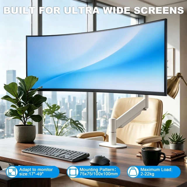 Alt view image 2 of 7 - GOJOOASIS Ultrawide Monitor Arm, 17-49 Inch Single Desk Mount, Gas Spring | Steel arm holds 44 lbs, VESA 75x75/100x100mm, C-clamp or grommet base, tilt swivel rotate, cable management, home office