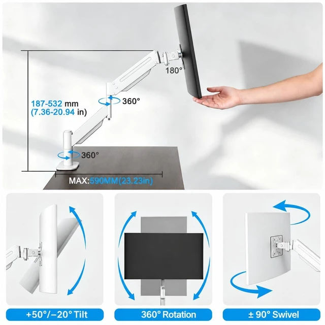 Alt view image 5 of 7 - GOJOOASIS Ultrawide Monitor Arm, 17-49 Inch Single Desk Mount, Gas Spring | Steel arm holds 44 lbs, VESA 75x75/100x100mm, C-clamp or grommet base, tilt swivel rotate, cable management, home office