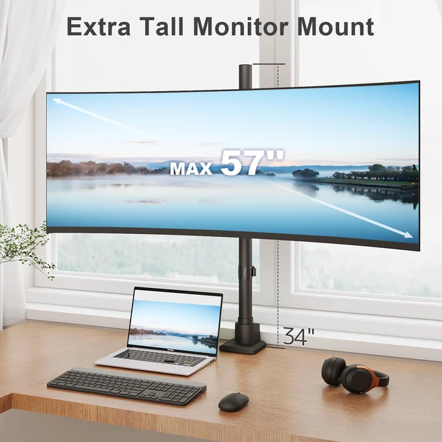 Alt view image 2 of 7 - 24-57'' Ultrawide Monitor Desk Mount, Extra Tall Aluminum Monitor Arm | Low Profile, Topside Clamp/Grommet Mounting, Tilt, Swivel, Rotate, Holds up to 59.4lbs, VESA 75x75/100x100 mm, Black