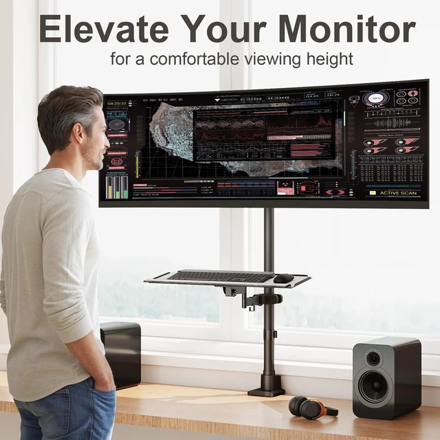 Alt view image 3 of 7 - 24-57'' Ultrawide Monitor Desk Mount, Extra Tall Aluminum Monitor Arm | Low Profile, Topside Clamp/Grommet Mounting, Tilt, Swivel, Rotate, Holds up to 59.4lbs, VESA 75x75/100x100 mm, Black