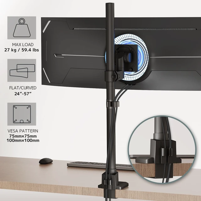 Alt view image 4 of 7 - 24-57'' Ultrawide Monitor Desk Mount, Extra Tall Aluminum Monitor Arm | Low Profile, Topside Clamp/Grommet Mounting, Tilt, Swivel, Rotate, Holds up to 59.4lbs, VESA 75x75/100x100 mm, Black