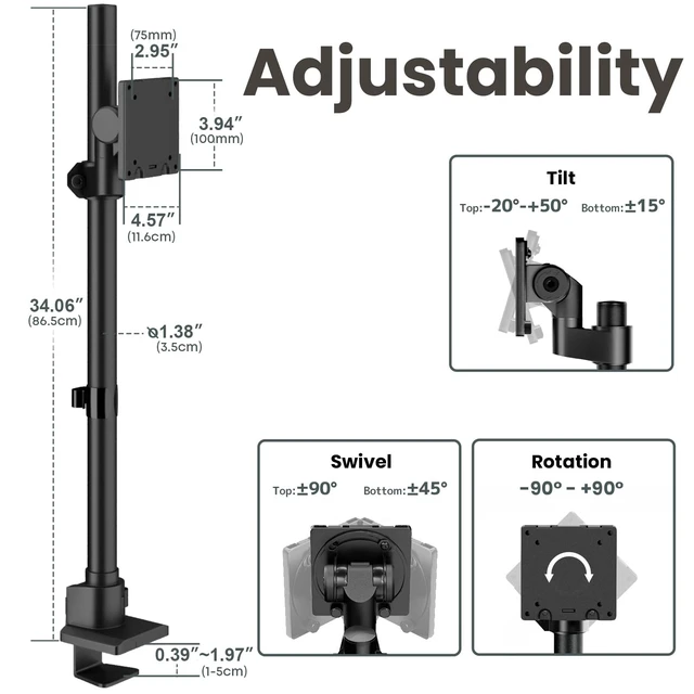 Alt view image 6 of 7 - 24-57'' Ultrawide Monitor Desk Mount, Extra Tall Aluminum Monitor Arm | Low Profile, Topside Clamp/Grommet Mounting, Tilt, Swivel, Rotate, Holds up to 59.4lbs, VESA 75x75/100x100 mm, Black