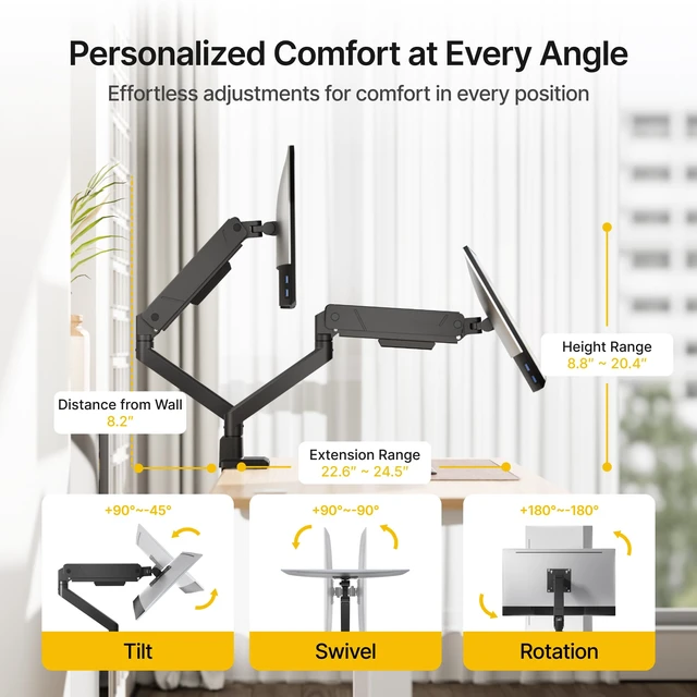 Alt view image 3 of 7 - Dual Monitor Mount with USB Monitor Arms for 17 to 35 Inch Screen | Adjustable Heavy Duty Monitor Desk Mount for 2 Monitors, Holds 35 Lbs, with Cable Management, VESA 75/100mm