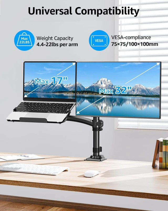 Alt view image 2 of 7 - MOUNTUP 2-in-1 Laptop and Monitor Desk Mount, Laptops Arm Holds 4.4-22lbs | Laptop Tray for Max 17" Notebook, Monitors Arm Fits up to 32" Monitor, Adjustable Laptops Mount with Clamp/Grommet