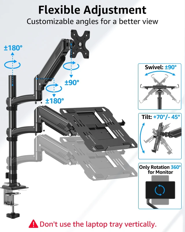 Alt view image 4 of 7 - MOUNTUP 2-in-1 Laptop and Monitor Desk Mount, Laptops Arm Holds 4.4-22lbs | Laptop Tray for Max 17" Notebook, Monitors Arm Fits up to 32" Monitor, Adjustable Laptops Mount with Clamp/Grommet
