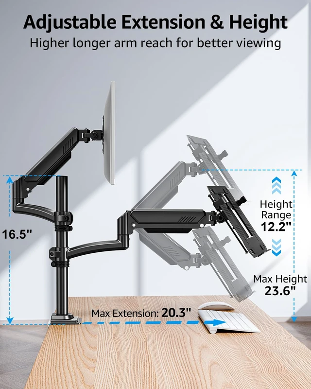 Alt view image 6 of 7 - MOUNTUP 2-in-1 Laptop and Monitor Desk Mount, Laptops Arm Holds 4.4-22lbs | Laptop Tray for Max 17" Notebook, Monitors Arm Fits up to 32" Monitor, Adjustable Laptops Mount with Clamp/Grommet