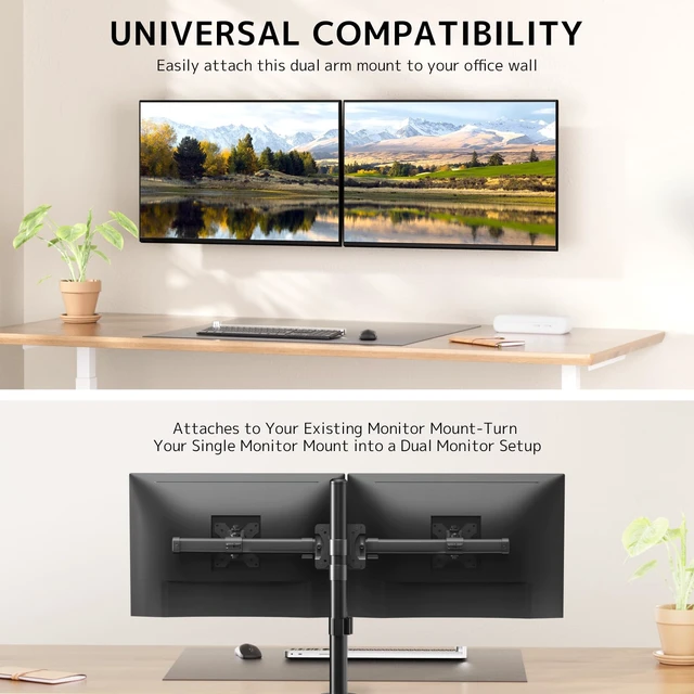 Alt view image 2 of 7 - Dual Monitor Wall Mount, Horizontal Assembly Mount for 2 Monitor Screens up to 35 inches, Max. 10kg per Arm, VESA 75x75/100x100mm,Black