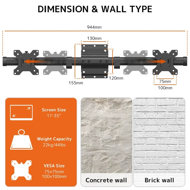 Alt view image 5 of 7 - Dual Monitor Wall Mount, Horizontal Assembly Mount for 2 Monitor Screens up to 35 inches, Max. 10kg per Arm, VESA 75x75/100x100mm,Black