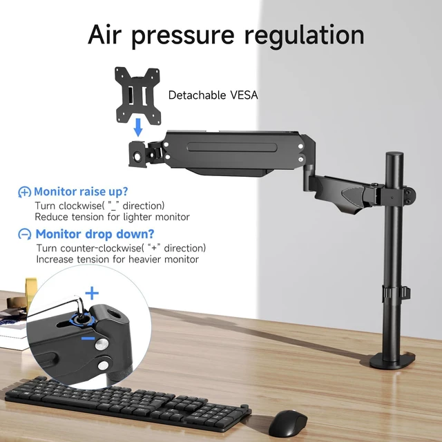 Alt view image 3 of 7 - Pholiten Single Monitor Arm, Gas Type, Double Articulated | 35MM Pole Mount, Supports 13-32 Inches, Load Capacity 22.0 lbs, VESA 75-100mm
