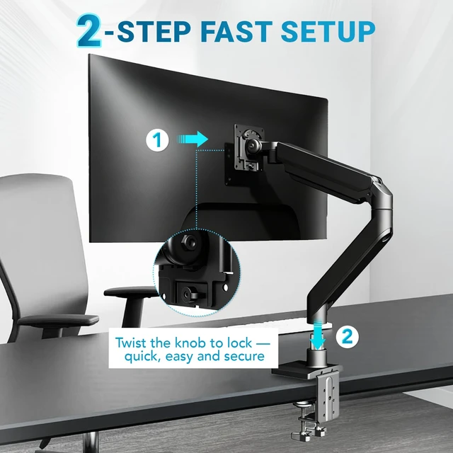 Alt view image 2 of 7 - Heavy Ergonomic Single Monitor Arm Desk Mount for up to 57"Screens | for 13 27 32 34 39 40 42 49 57Inch ultrawide monitor, Holds 55 lbs, 2-Step Fast Setup, 75/100mmVesa, Black, Home & Office Use