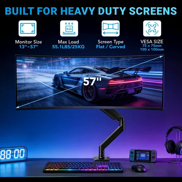 Alt view image 7 of 7 - Heavy Ergonomic Single Monitor Arm Desk Mount for up to 57"Screens | for 13 27 32 34 39 40 42 49 57Inch ultrawide monitor, Holds 55 lbs, 2-Step Fast Setup, 75/100mmVesa, Black, Home & Office Use