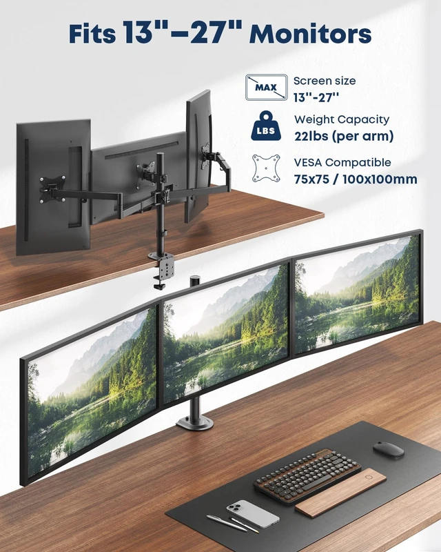 Alt view image 3 of 7 - Triple Monitor Desk Mount for 13-27 Inch Screens, VESA 75/100 | Fully adjustable mount supports up to 22 lb per arm with heavy-duty clamp or grommet installation for stable viewing.