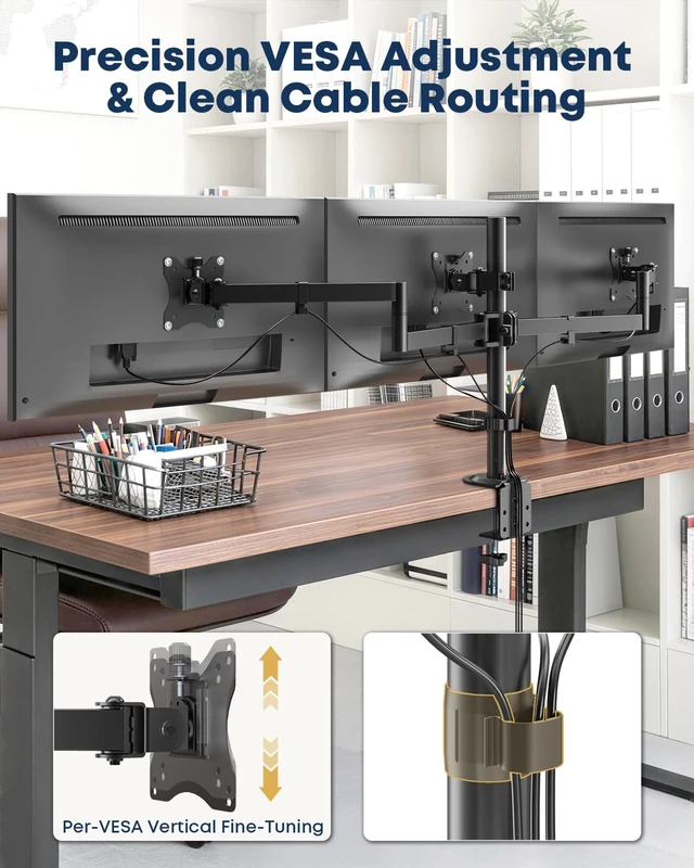 Alt view image 6 of 7 - Triple Monitor Desk Mount for 13-27 Inch Screens, VESA 75/100 | Fully adjustable mount supports up to 22 lb per arm with heavy-duty clamp or grommet installation for stable viewing.