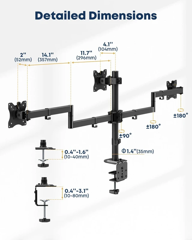 Alt view image 7 of 7 - Triple Monitor Desk Mount for 13-27 Inch Screens, VESA 75/100 | Fully adjustable mount supports up to 22 lb per arm with heavy-duty clamp or grommet installation for stable viewing.