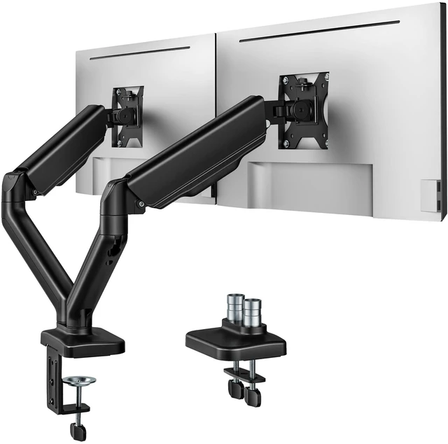 Main image of Dual Monitor Arm for 17-32" Flat/Curved Screen up to 19.8 lbs | Mechanical spring, full motion dual monitor mount, height adjustable, alloy steel, easy assembly, clamp/grommet, VESA 75/100