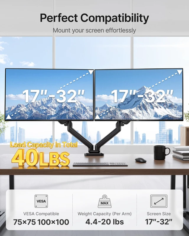 Alt view image 3 of 7 - Dual Monitor Arm for 17-32" Flat/Curved Screen up to 19.8 lbs | Mechanical spring, full motion dual monitor mount, height adjustable, alloy steel, easy assembly, clamp/grommet, VESA 75/100