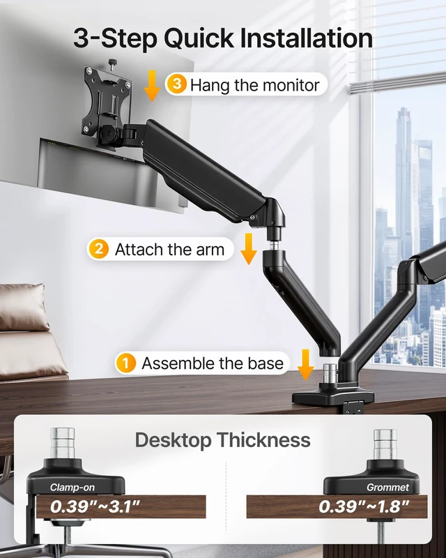 Alt view image 4 of 7 - Dual Monitor Arm for 17-32" Flat/Curved Screen up to 19.8 lbs | Mechanical spring, full motion dual monitor mount, height adjustable, alloy steel, easy assembly, clamp/grommet, VESA 75/100