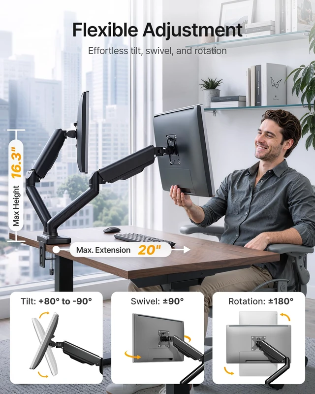 Alt view image 5 of 7 - Dual Monitor Arm for 17-32" Flat/Curved Screen up to 19.8 lbs | Mechanical spring, full motion dual monitor mount, height adjustable, alloy steel, easy assembly, clamp/grommet, VESA 75/100