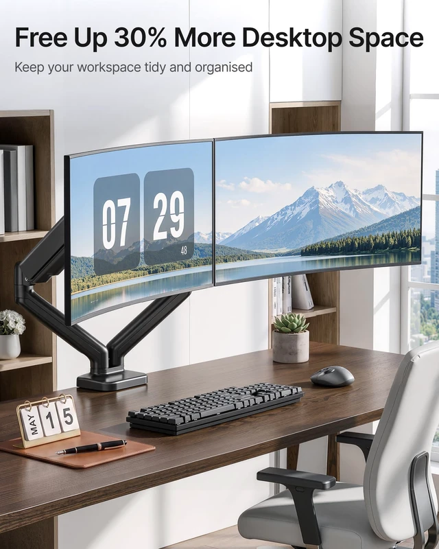 Alt view image 7 of 7 - Dual Monitor Arm for 17-32" Flat/Curved Screen up to 19.8 lbs | Mechanical spring, full motion dual monitor mount, height adjustable, alloy steel, easy assembly, clamp/grommet, VESA 75/100
