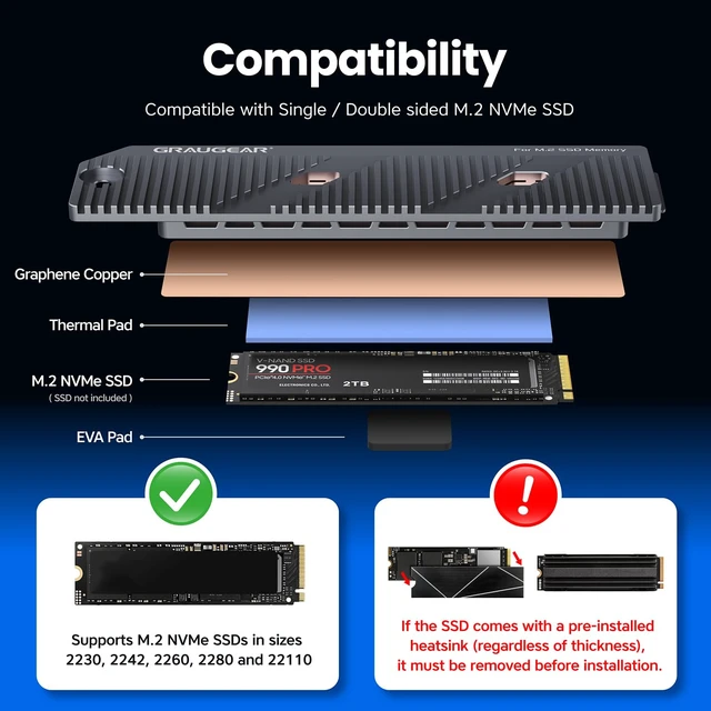 Alt view image 7 of 7 - GRAUGEAR PS5 Pro/Slim M.2 SSD Heatsink, Integrated Copper Heatpipe, Aluminum Fins, Graphite Copper Foil Thermal Film, Compatible with M.2 SSD Upgrade for PlayStation 5 Pro/Slim