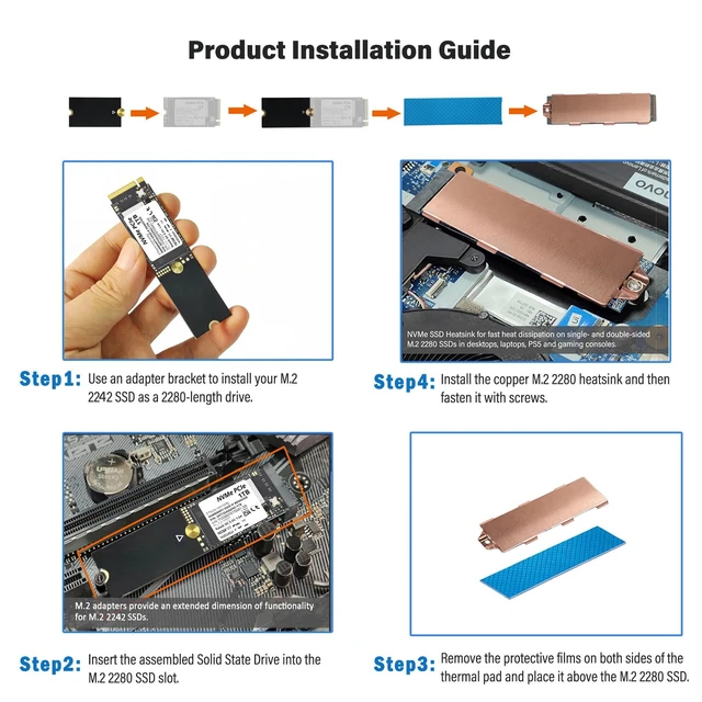 Alt view image 6 of 7 - ORTREE M.2 2242 to 2280 SSD Expansion Adapter with Copper Heatsink Kit | Converts 2242 NVMe SSD to 2280 Size. Pure Copper Heatsink + Thermal Pad for Cool Stable Run. Fits Laptops Desktops PS5 Pi 5