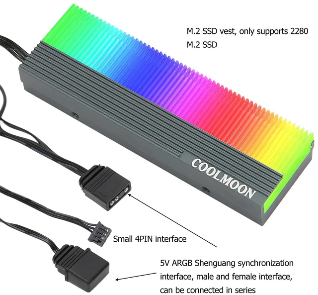 Alt view image 3 of 7 - Diyeeni M.2 SSD Heatsink Heat Sink, Aluminum Heat Sink Cooler Fin Cooling for 2280 M.2 SSD, 5V 3 Pin Radiator Heatsink with Interface Thermal Pad, RGB Lights