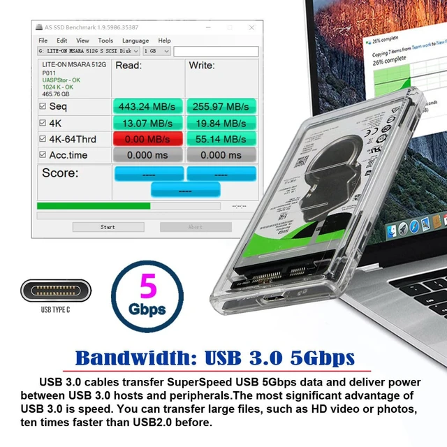 Alt view image 2 of 7 - NGFF 5Gbps USB 3.0 USB-C Type-C to 2.5 Inch SATA 7+15PinSSD HDD External Hard Disk Enclosure for Laptop Desktop (Transparent)
