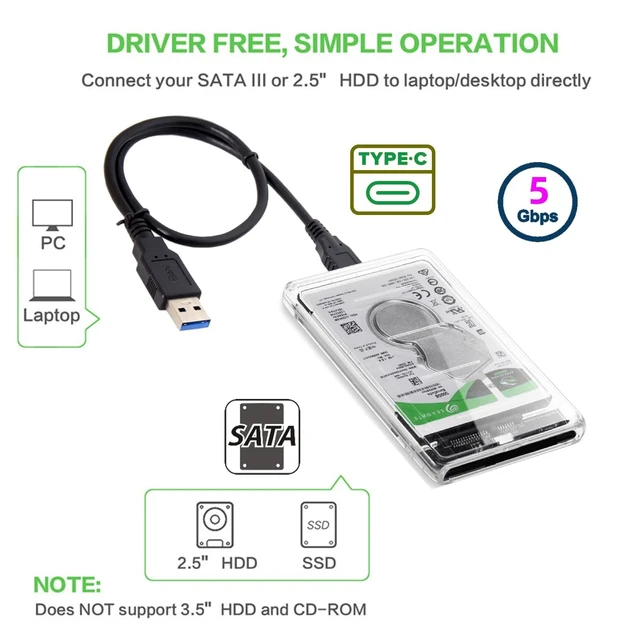 Alt view image 7 of 7 - NGFF 5Gbps USB 3.0 USB-C Type-C to 2.5 Inch SATA 7+15PinSSD HDD External Hard Disk Enclosure for Laptop Desktop (Transparent)