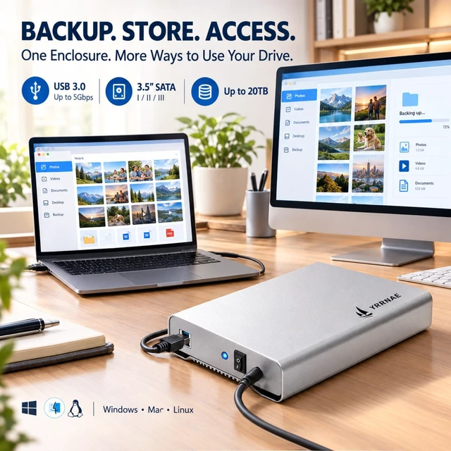 Alt view image 2 of 7 - YRRNAE USB 3.0 to Sata External Hard Drive Enclosure, Aluminum Pure-Metal | 2.5" & 3.5" Universal HDD SSD Case, Support up to 20TB with UASP, 12V Power Adapter included