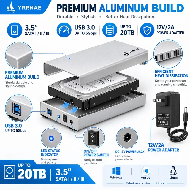 Alt view image 3 of 7 - YRRNAE USB 3.0 to Sata External Hard Drive Enclosure, Aluminum Pure-Metal | 2.5" & 3.5" Universal HDD SSD Case, Support up to 20TB with UASP, 12V Power Adapter included