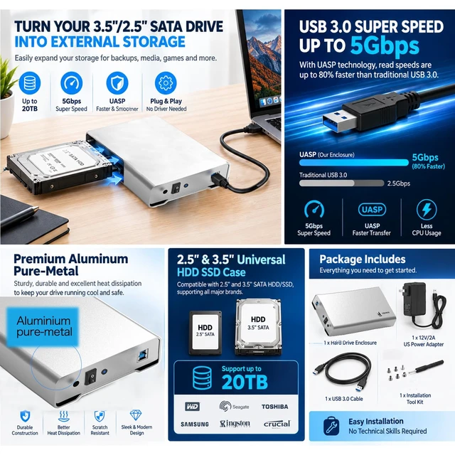 Alt view image 4 of 7 - YRRNAE USB 3.0 to Sata External Hard Drive Enclosure, Aluminum Pure-Metal | 2.5" & 3.5" Universal HDD SSD Case, Support up to 20TB with UASP, 12V Power Adapter included