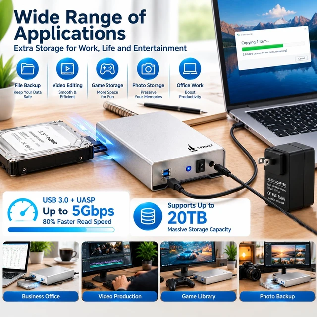 Alt view image 5 of 7 - YRRNAE USB 3.0 to Sata External Hard Drive Enclosure, Aluminum Pure-Metal | 2.5" & 3.5" Universal HDD SSD Case, Support up to 20TB with UASP, 12V Power Adapter included