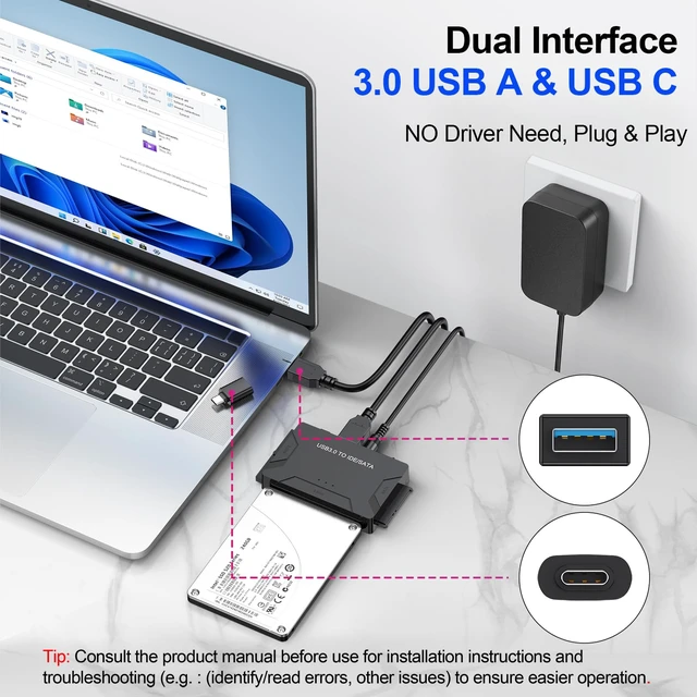 Alt view image 3 of 7 - Hard Drive Reader USB 3.0 & Type C to SATA IDE Adapter, Data Transfer Kit | Recovery Converter with 12V/2A Power for 2.5"/3.5" SATA/IDE HDD SSD Hard Disk Internal Blu-ray Drive, up to 20TB
