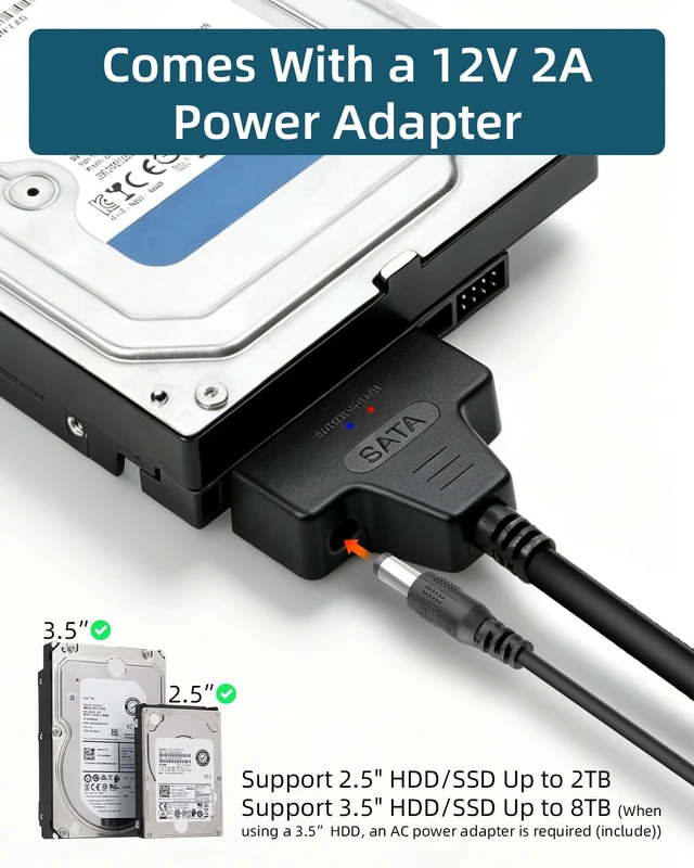 Alt view image 3 of 6 - GELRHONR SATA to USB 3.0 and Type C Adapter Cable, 2 in 1 USB A + Type C to 3.5" 2.5" SSD/HDD Hard Drive Adapter with 12V/2A DC Power Supply Cable, 11.8Inch (USB A/C)