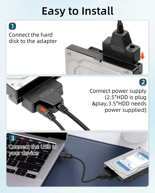 Alt view image 4 of 6 - GELRHONR SATA to USB 3.0 and Type C Adapter Cable, 2 in 1 USB A + Type C to 3.5" 2.5" SSD/HDD Hard Drive Adapter with 12V/2A DC Power Supply Cable, 11.8Inch (USB A/C)