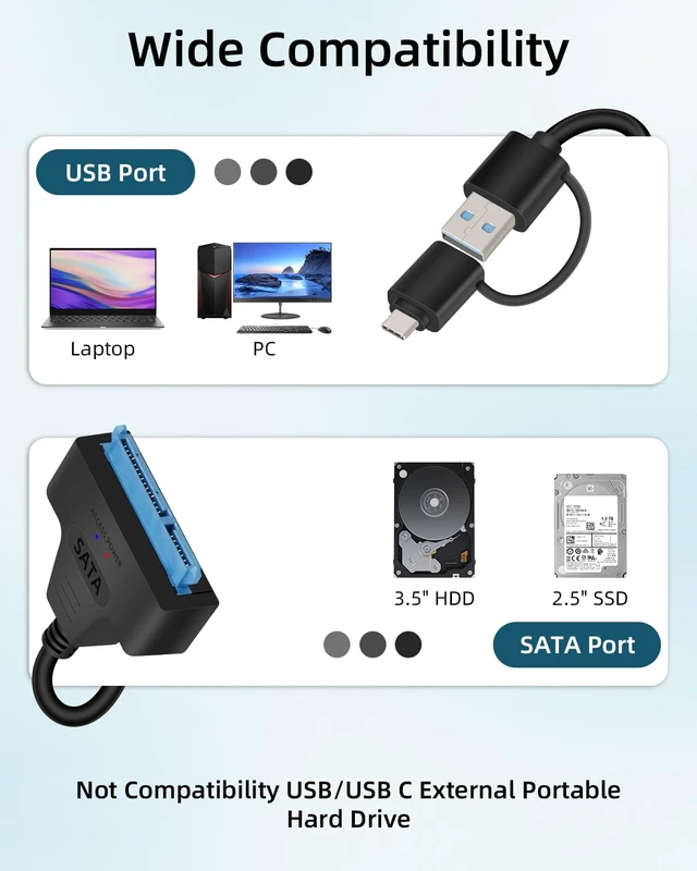Alt view image 6 of 6 - GELRHONR SATA to USB 3.0 and Type C Adapter Cable, 2 in 1 USB A + Type C to 3.5" 2.5" SSD/HDD Hard Drive Adapter with 12V/2A DC Power Supply Cable, 11.8Inch (USB A/C)