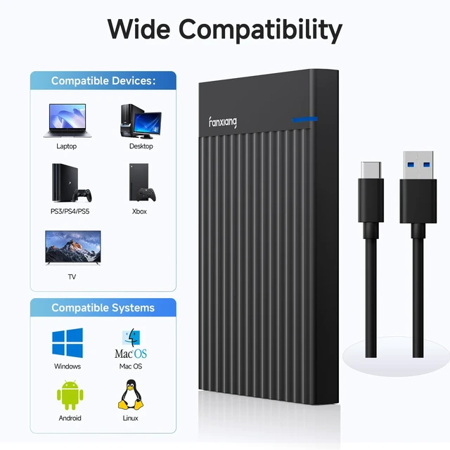 Alt view image 5 of 7 - fanxiang 2.5" Hard Drive Enclosure, SATA to USB C Adapter/Reader, MS26 | USB 3.2 Gen 1 (5Gbps), Tool-Free, External Hard Drive Enclosure for 7mm/9.5mm 2.5 inch SSD HDD up to 4TB, Supports UASP