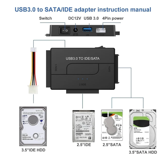 Alt view image 4 of 7 - USB 3.0 to SATA IDE Hard Drive Reader, YINNCEEN External Hard Drive Ultra Recovery Converter Universal Hard Drive Adapter Kit for 2.5/3.5 HDD/SSD Hard Drive Disk, Include 12V/2A Power Adapter