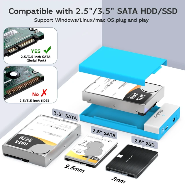 Alt view image 2 of 7 - MAIWO 2.5''/3.5'' Hard Drive Enclosure for SATA HDD/SSD with USB 3.0 USB2.0 | Hard Drive Reader,HDD Enclosure,1x USB 3.0 1x USB2.0 Hub & 12V/2A Power Supply,UASP Supported,Tool-Free