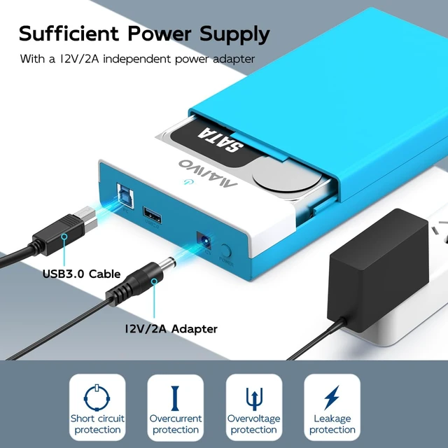 Alt view image 5 of 7 - MAIWO 2.5''/3.5'' Hard Drive Enclosure for SATA HDD/SSD with USB 3.0 USB2.0 | Hard Drive Reader,HDD Enclosure,1x USB 3.0 1x USB2.0 Hub & 12V/2A Power Supply,UASP Supported,Tool-Free